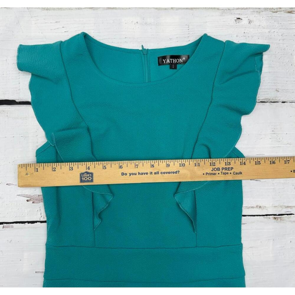 Yathon Ruffle Fit Flare Dress Stretch Crepe Teal Small Elegant Chic - Picture 7 of 9
